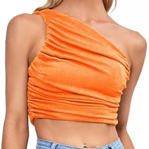 Orange One Shoulder Ruched Top